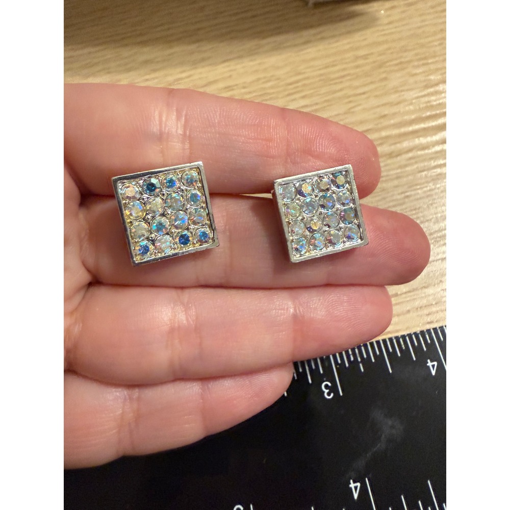Square Aurora Borealis Rhinestone Stud Earrings‎ Silver Tone Iridescent Post